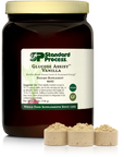 Glucose Assist Vanilla jug next to three scoops of powder