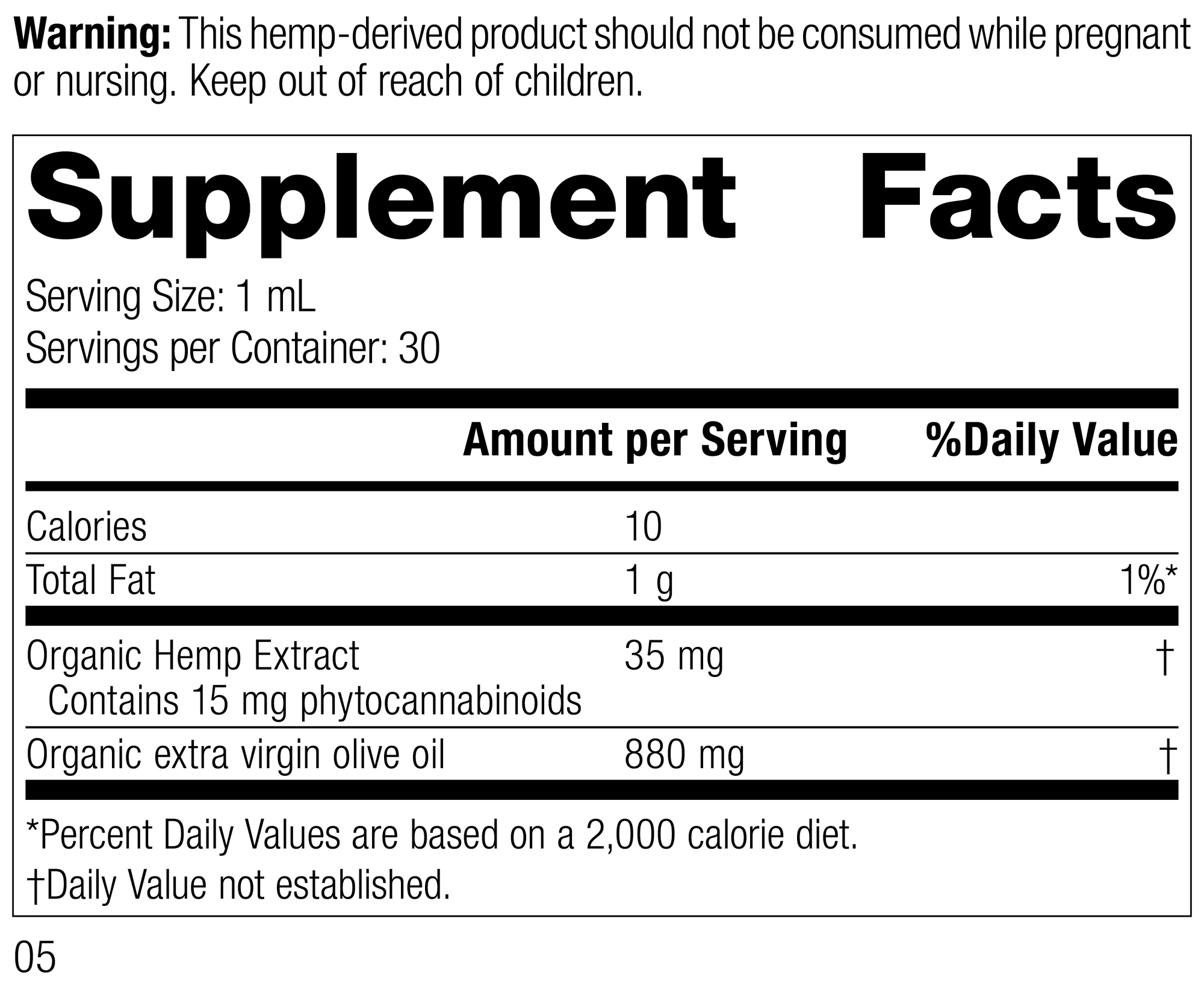 Hemp Oil Liquid 30 mL Rev 03 Supplement Facts