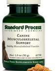A bottle of Canine Musculoskeletal Support, a powder supplement for dogs’ muscles, ligaments and bone health, next to an image of the powder supplement.
