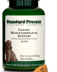 A bottle of Canine Musculoskeletal Support, a powder supplement for dogs’ muscles, ligaments and bone health, next to an image of the powder supplement.
