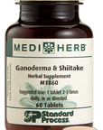 A bottle of Ganoderma & Shiitake herbal supplement next to a tablet.