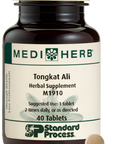 A bottle of MediHerb® Tongkat Ali, a testosterone support supplement for older men, next to a tablet of the supplement.